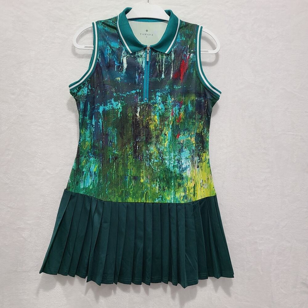 FAMARA Golf Dress Size M Pause & Reflect Art Print Pleated Skirt Sleeveless
